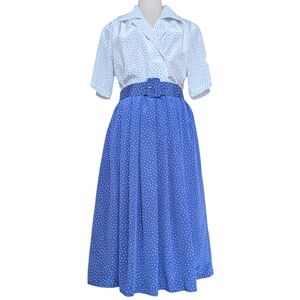 Vintage Leslie Fay silky poly, blue & white polka dot A-line dress. Size 12.